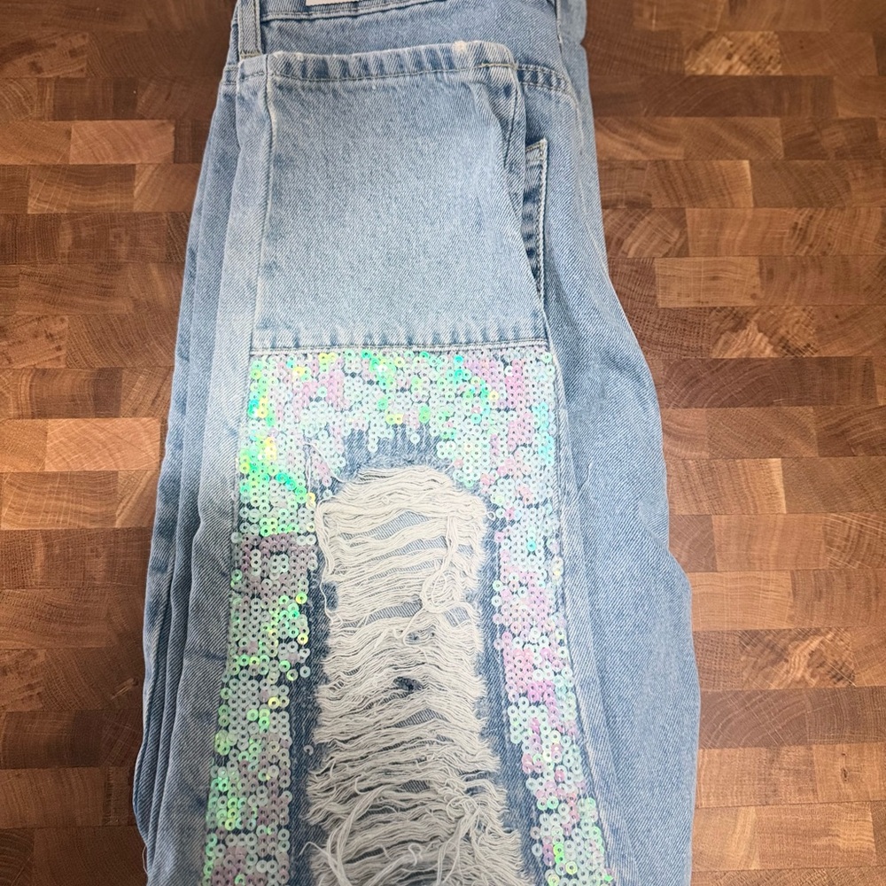 Topshop High Rise Jeans with Sequin Detail - Light Blue
